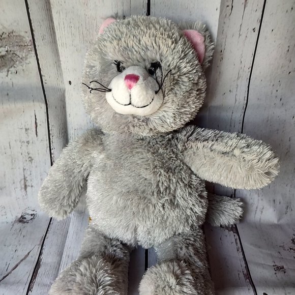 Build A Bear Grey Kitty Cat Stuffed Animal Plush 17" BABW Pink Nose Ear - Picture 1 of 10